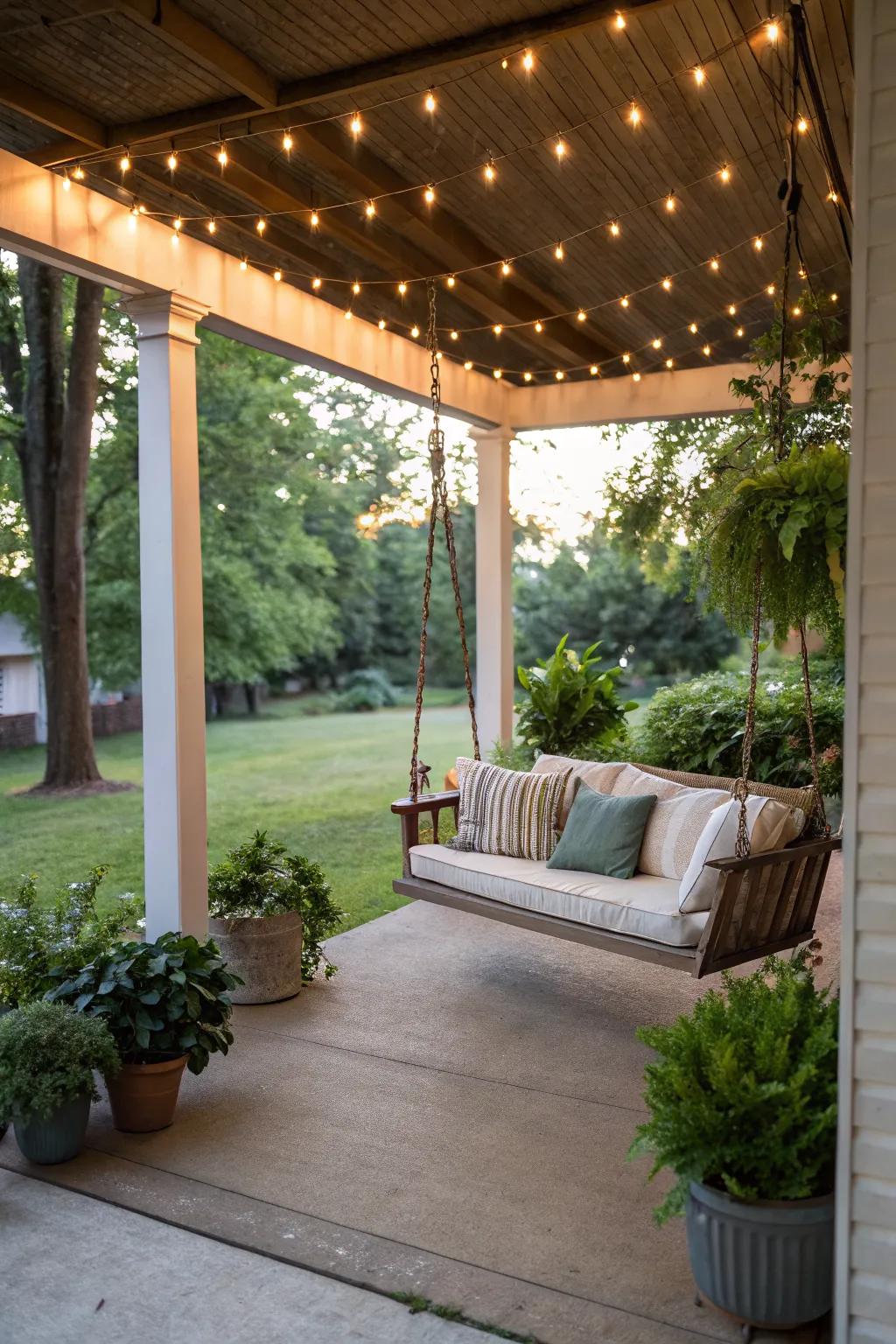 A swing adding a playful touch to a covered porch.
