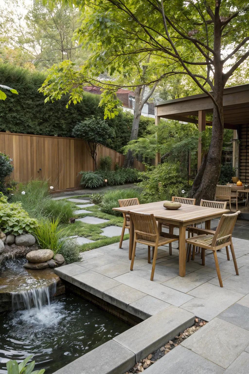 A water feature adds serenity and a calming ambiance to your dining space.