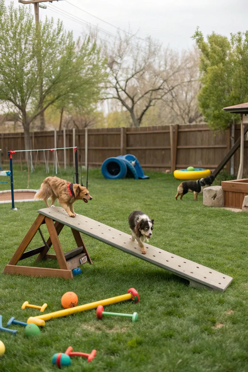 A teeter-totter adds a dynamic element to doggy playtime.