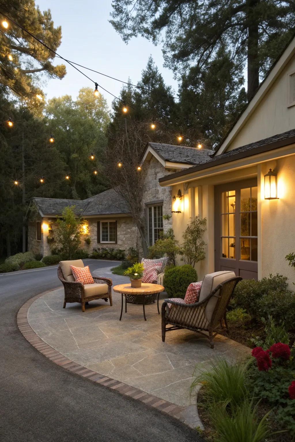 Seating areas near driveways invite relaxation and socializing.