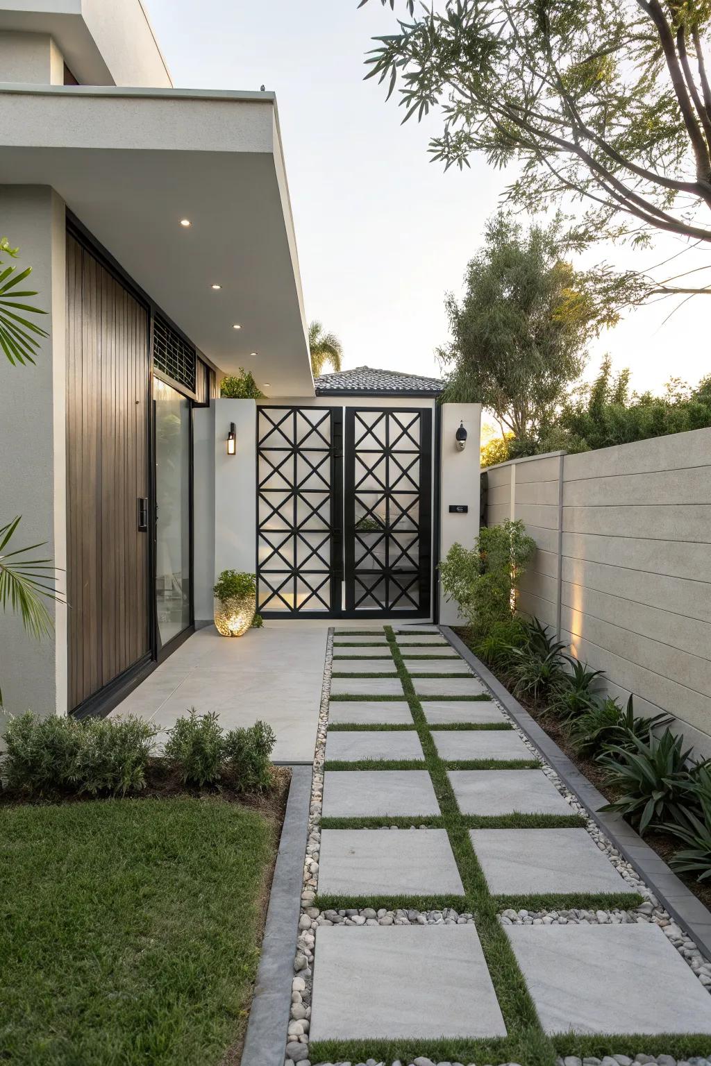 A modern backyard entrance featuring a geometric patterned gate.