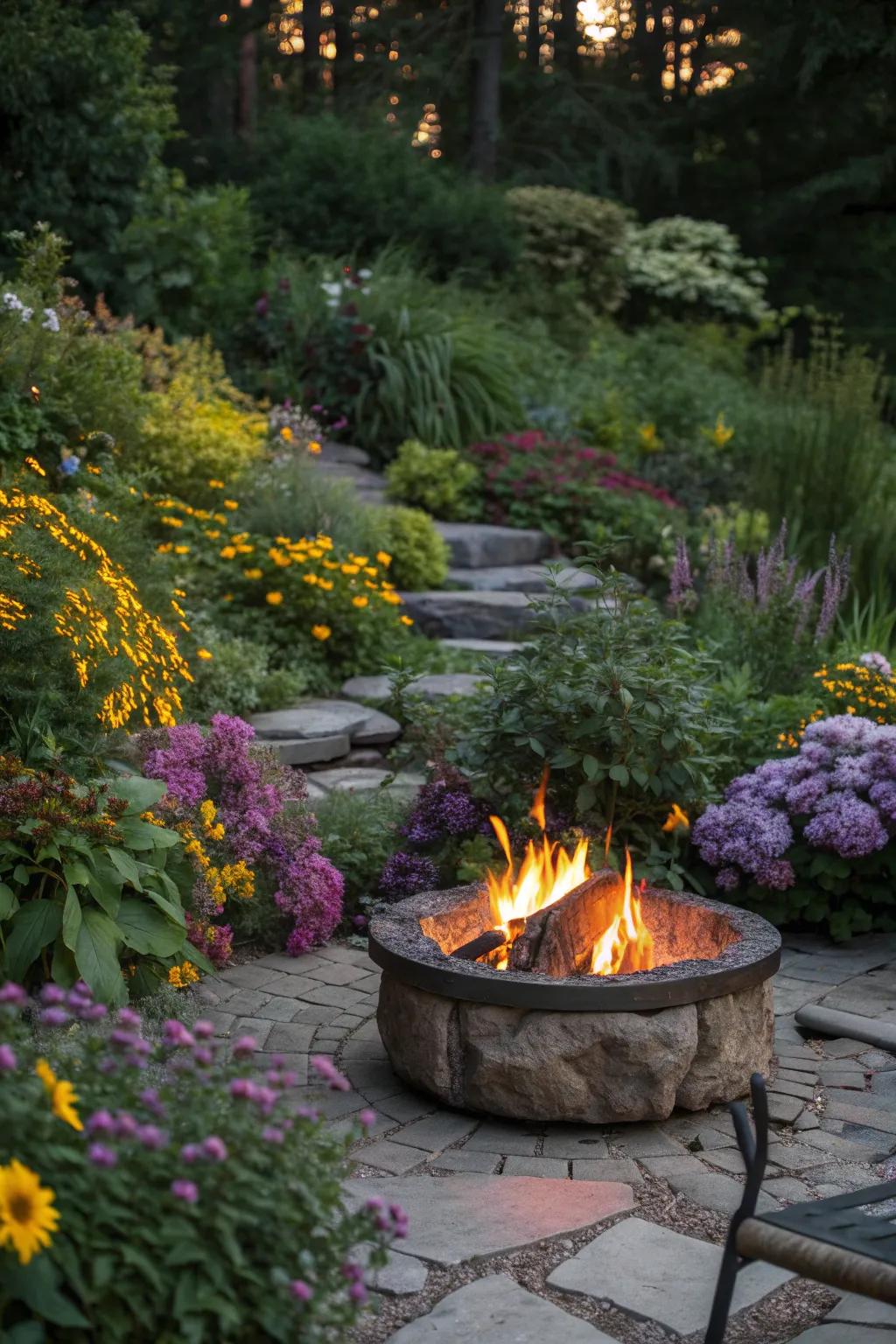 A lush garden creates a natural oasis around your fire pit.