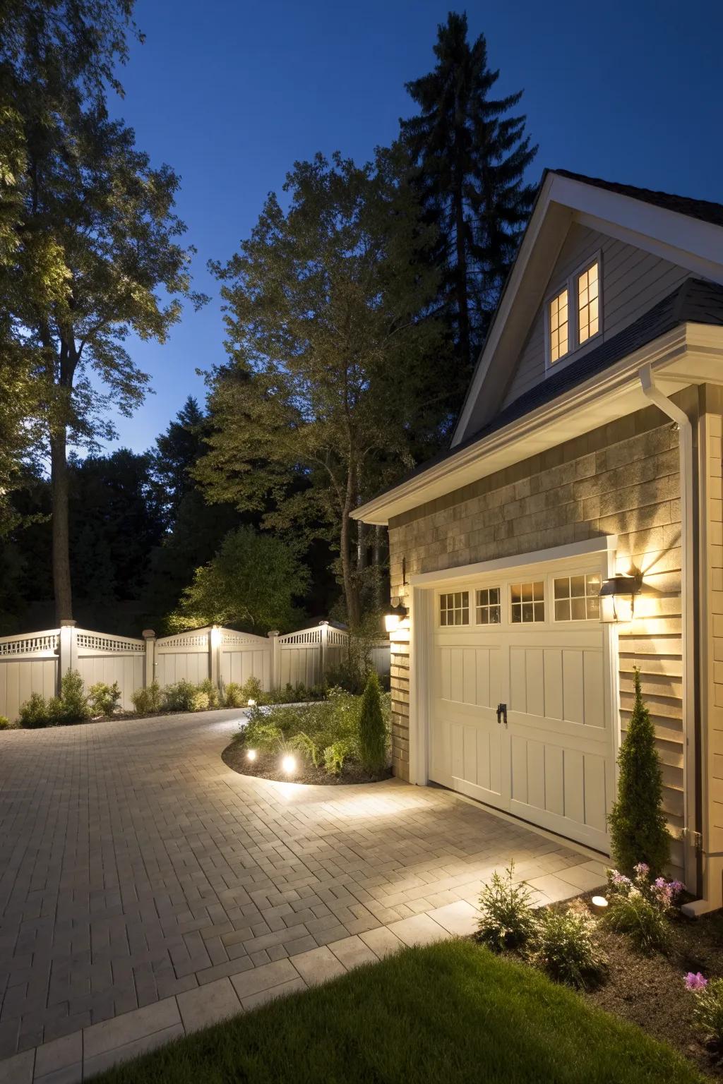 Architectural lighting accentuating the garage's design.