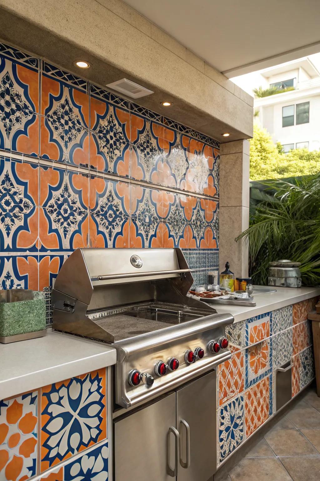 A tile backsplash brings artistic flair to your grill station.