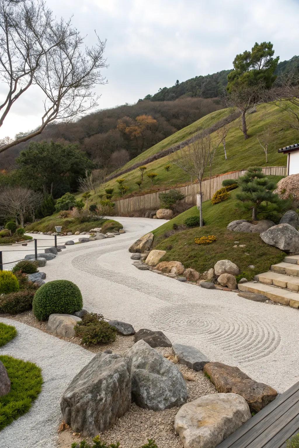 A Zen garden offers peace and mindfulness in a hillside setting.