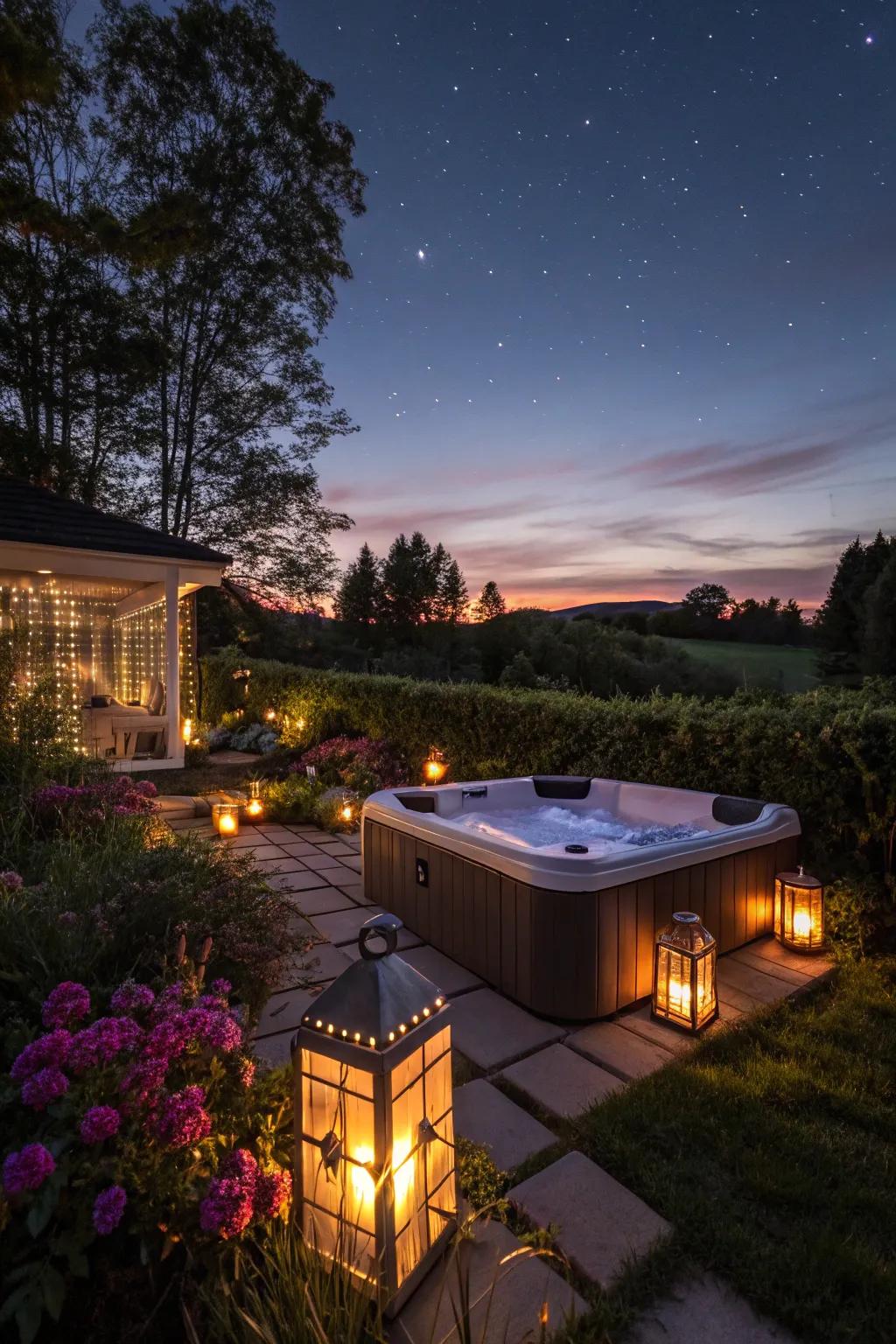 Solar lanterns provide sustainable lighting for a cozy hot tub ambiance.