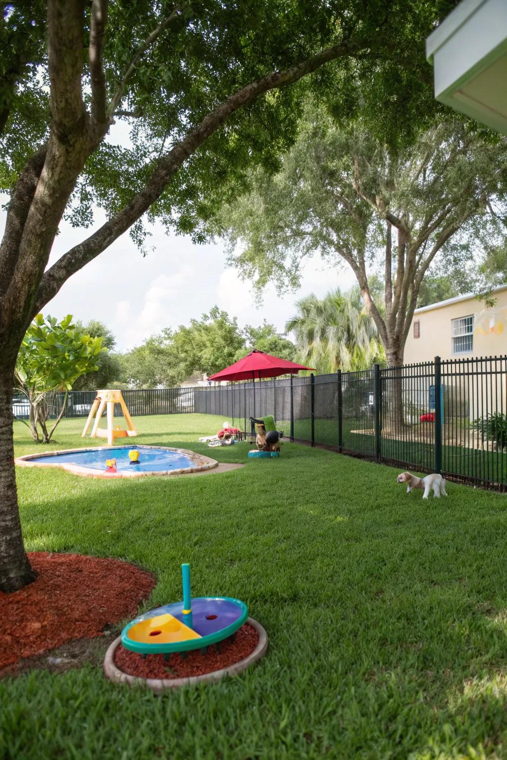 A pet-friendly Florida backyard with shaded areas and a splash pad.