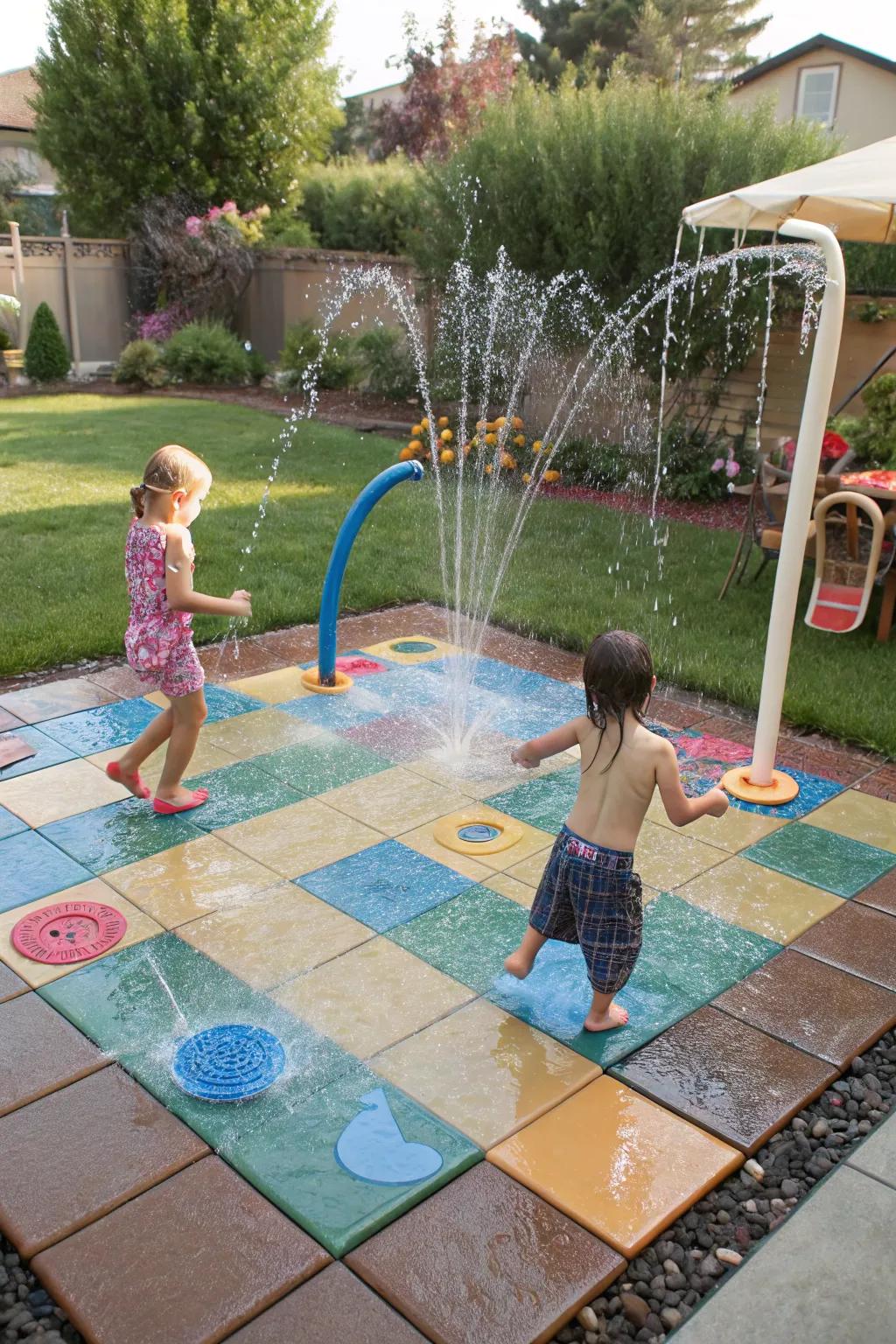 A splash pad for refreshing water play in the backyard.