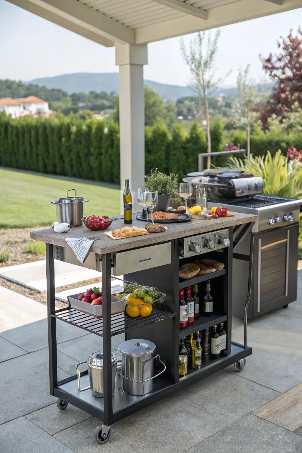 A flexible outdoor kitchen featuring a mobile bar cart and rolling prep station.
