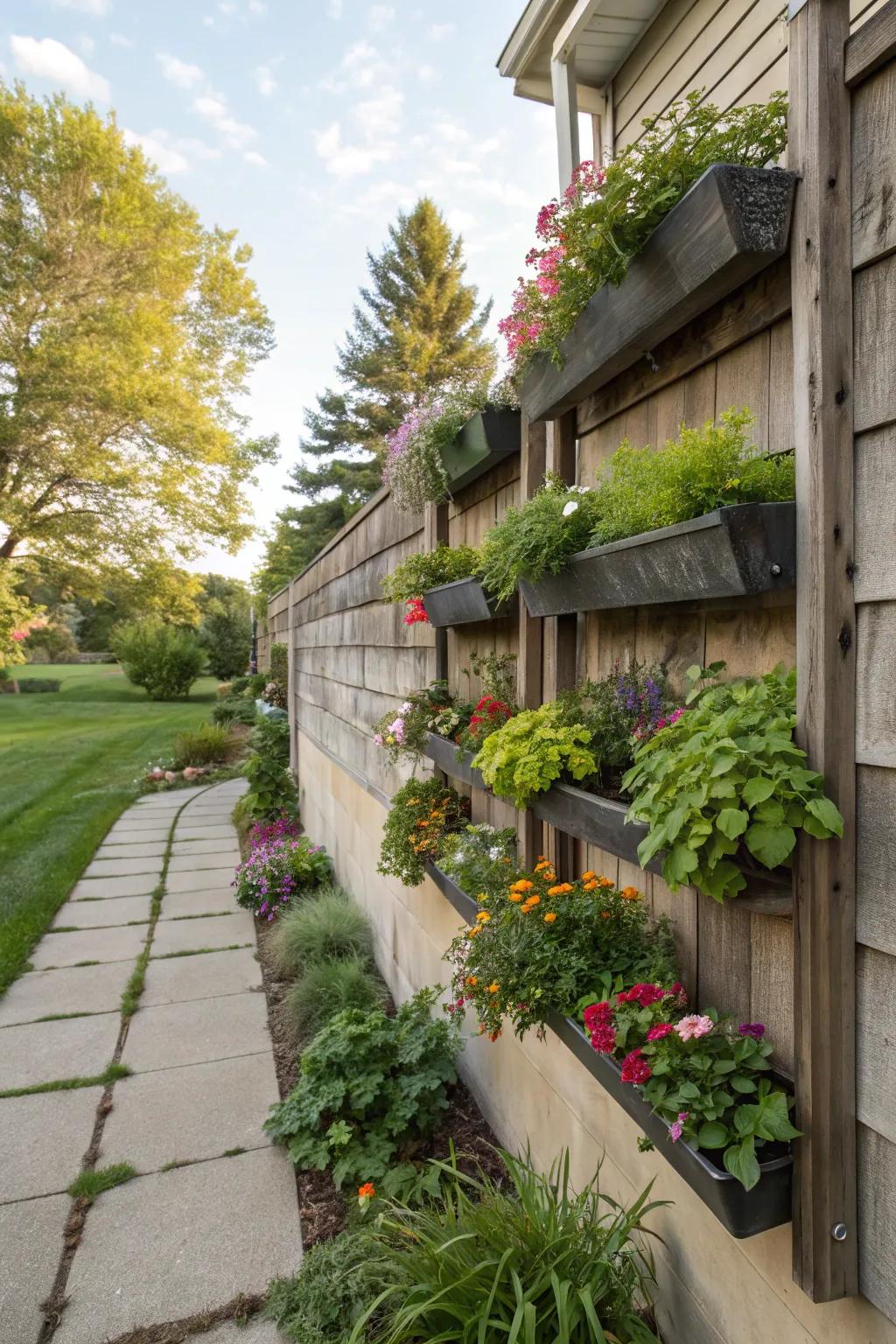 Creative vertical planters adding greenery to a Milwaukee backyard.