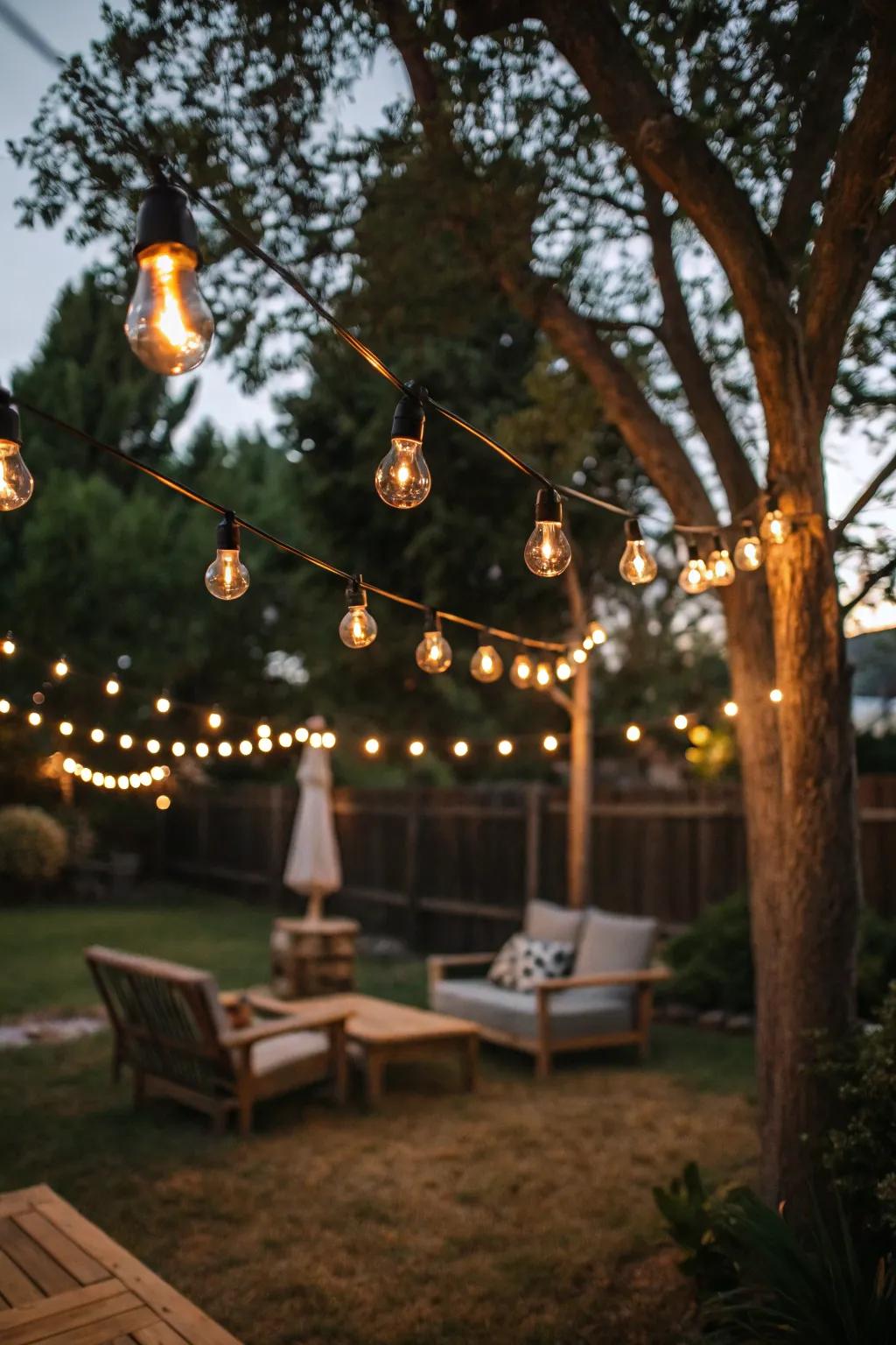 String lights create a cozy and inviting atmosphere.