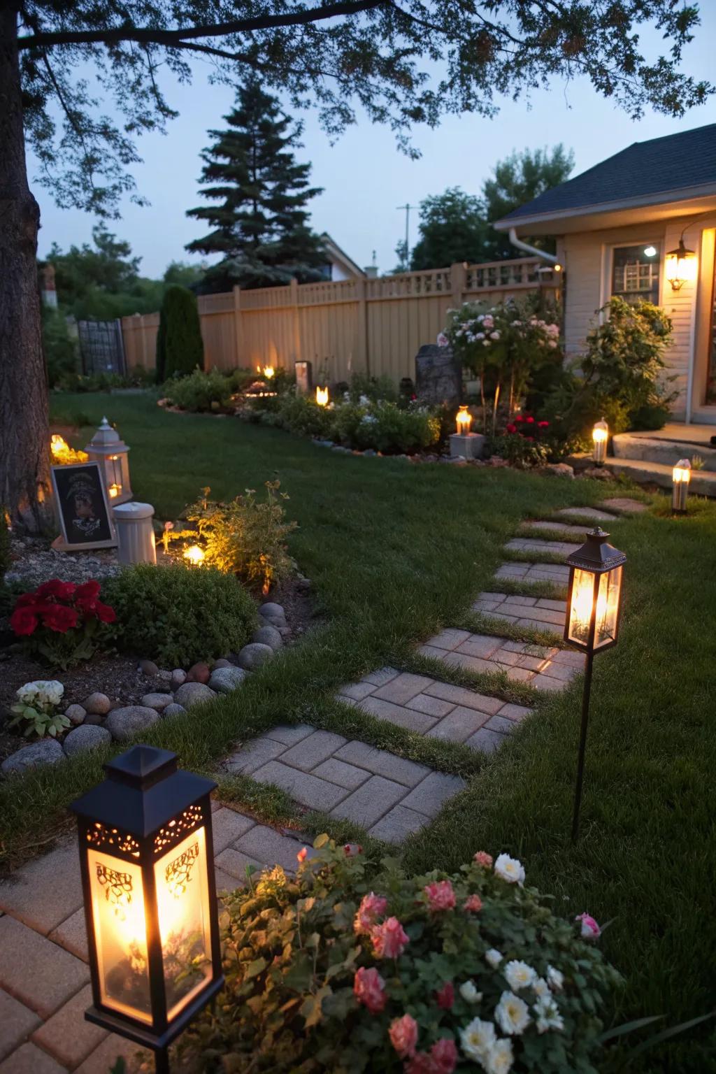 Solar lights create a welcoming glow in the memorial garden at night.