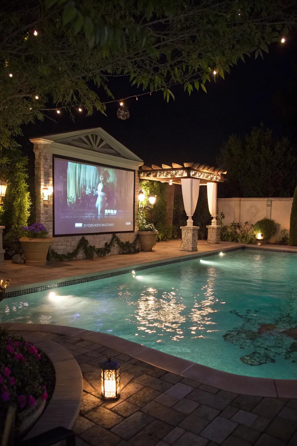 A water projection creates a breathtaking movie night display.