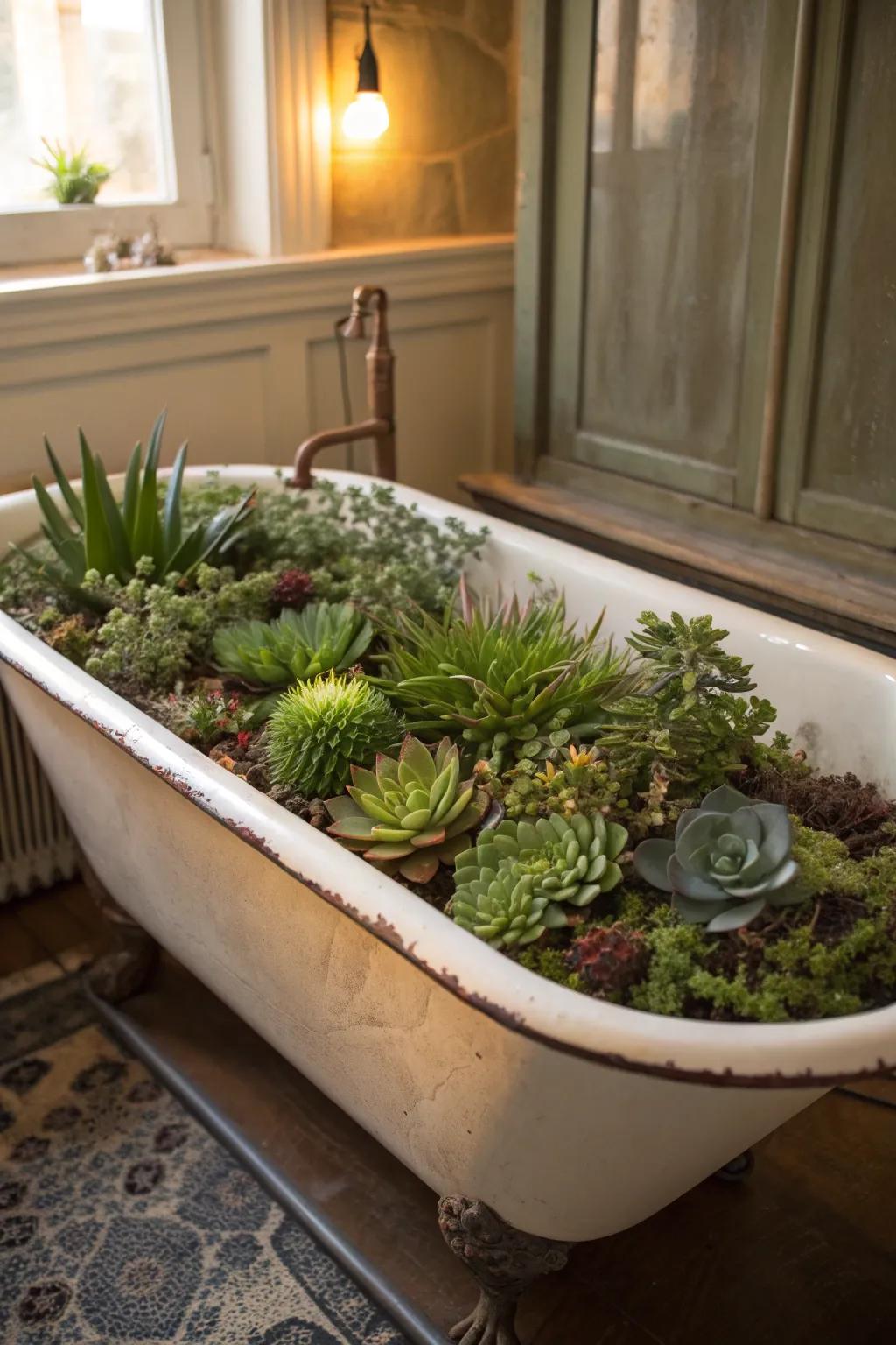 A charming succulent display in a vintage bathtub.