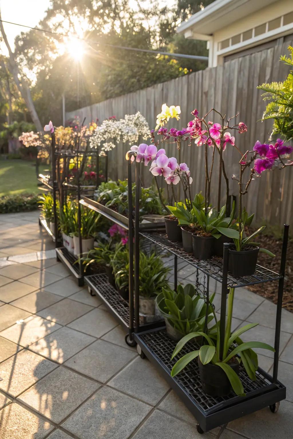 Portable racks offering flexibility for orchid placement.
