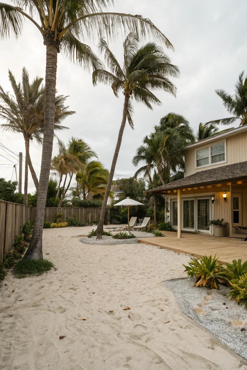 Sand and palms create an intimate beach vibe at home.