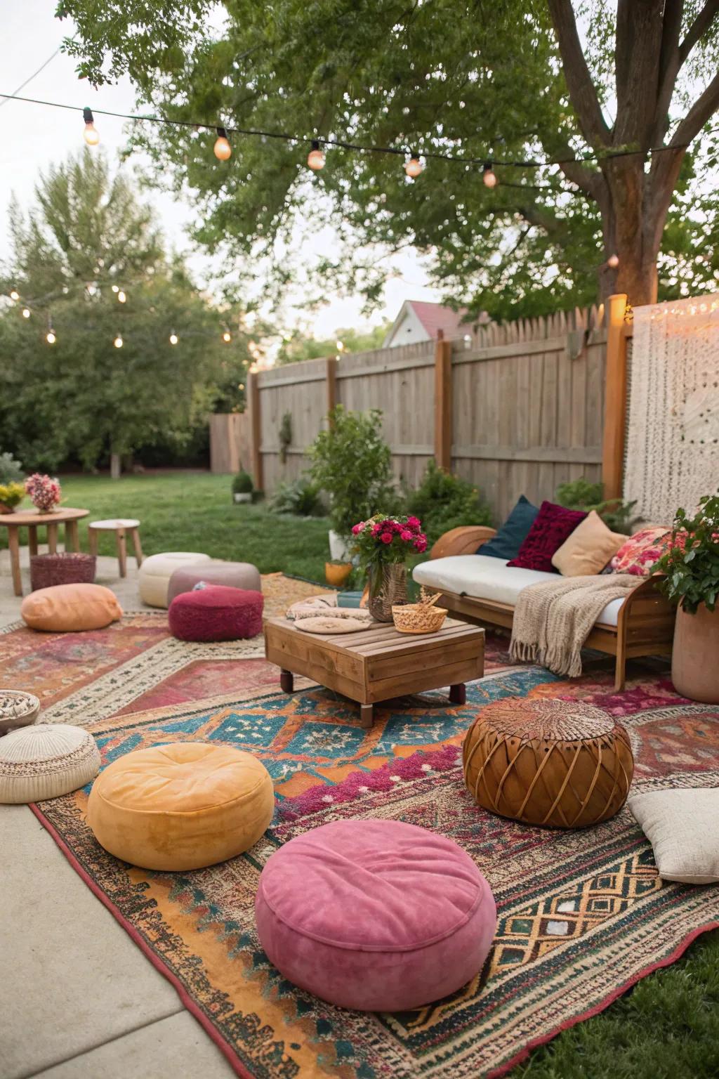 A boho lounge area offers a cozy retreat for relaxation and conversation.