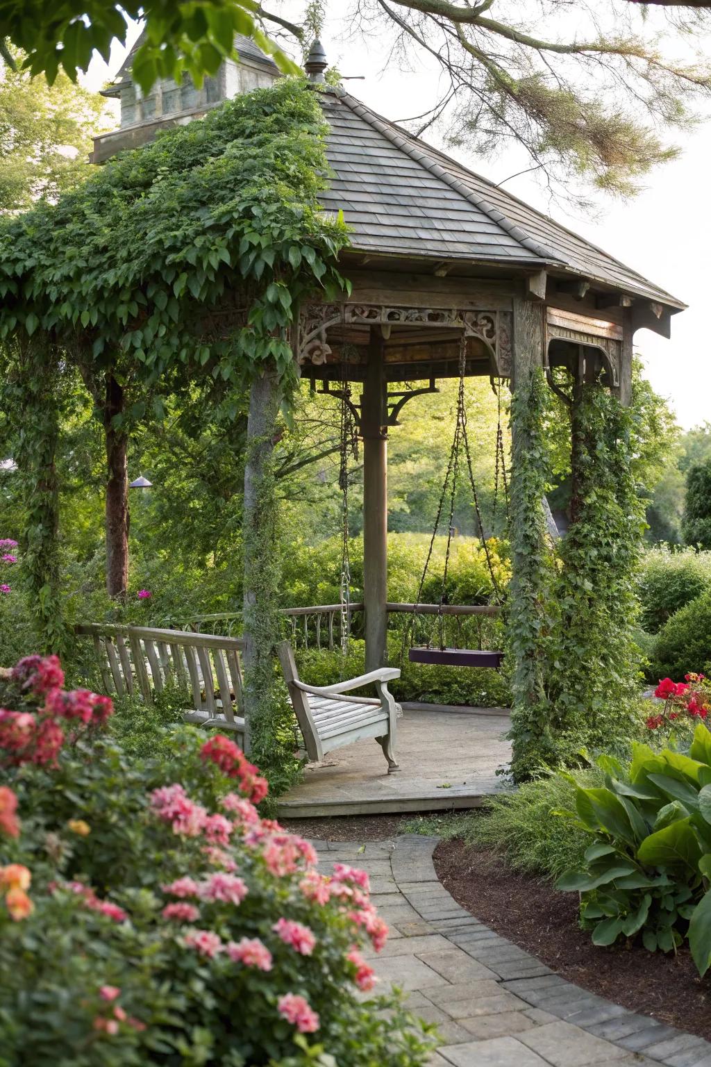 A delightful gazebo featuring a hanging swing.