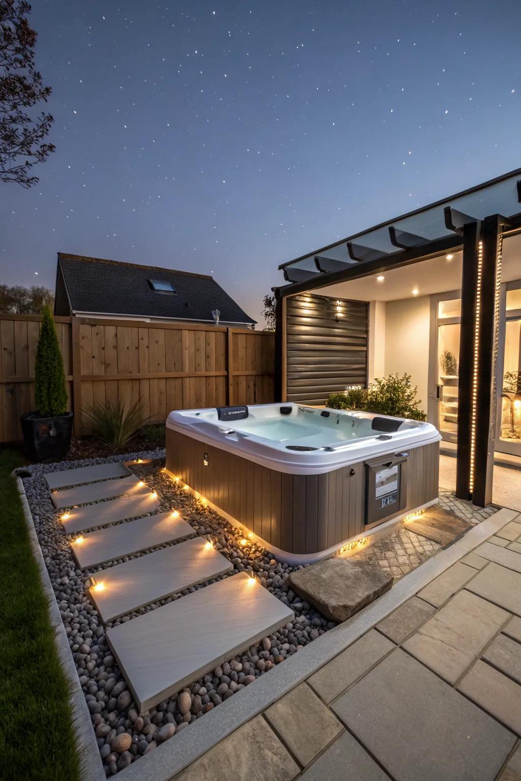A partially sunken hot tub offers a sleek, integrated look.