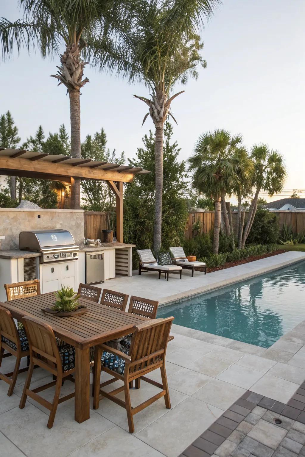 A fully equipped outdoor kitchen perfect for poolside dining.