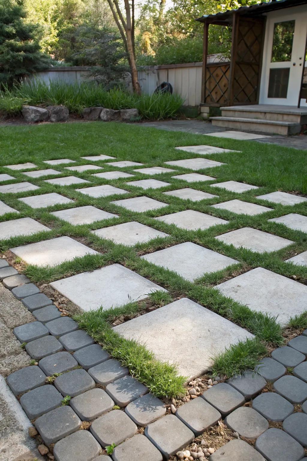 Playful checkerboard paving pattern in a backyard.