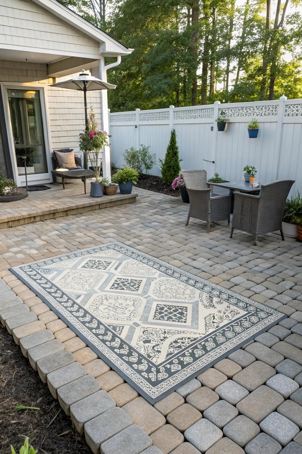 An artistic paver rug creating a focal point