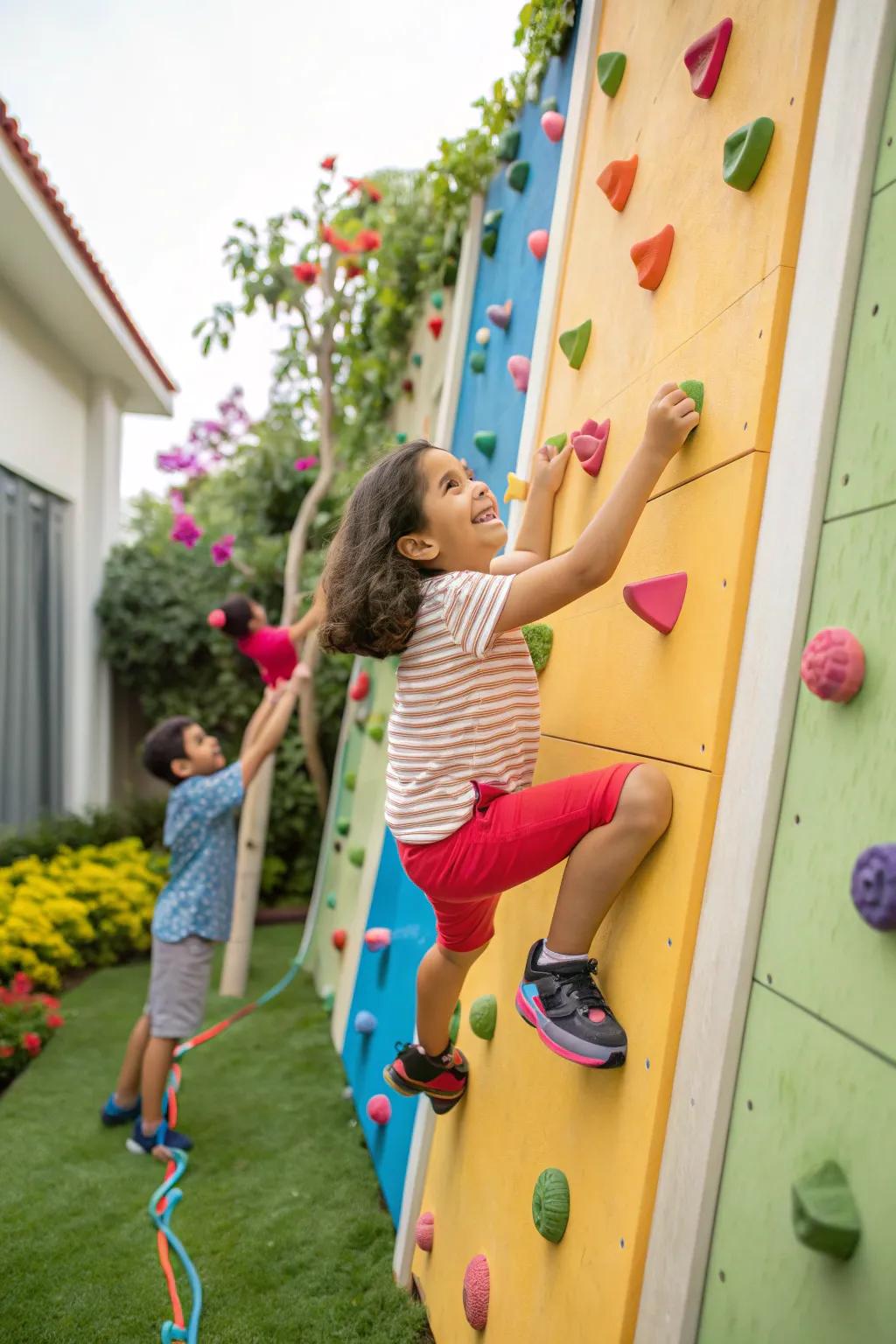 A vibrant climbing wall offering fun and physical challenge.