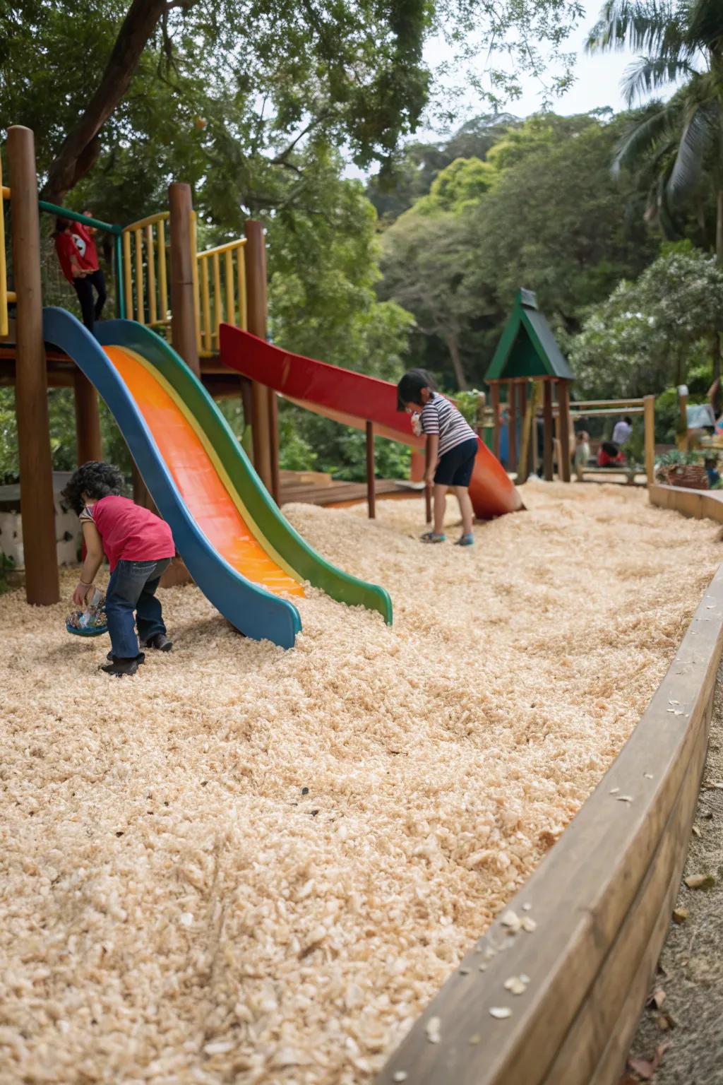 Shredded coconut husks add an exotic touch to playgrounds.