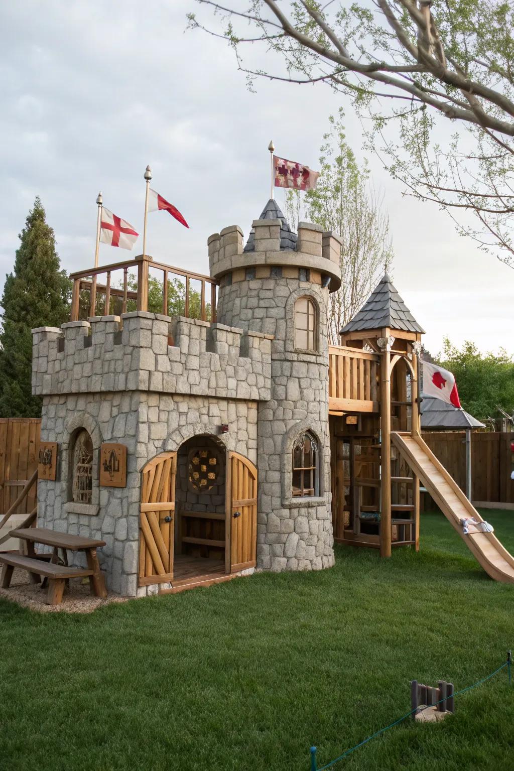 An enchanted castle playhouse offers regal playtime.