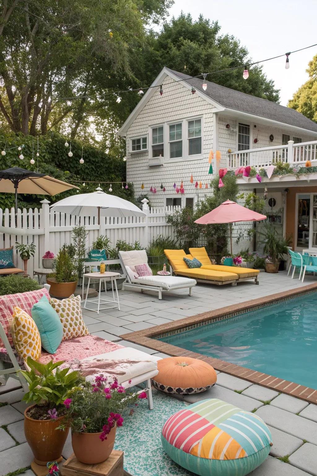 An eclectic pool area with a unique blend of styles and materials.