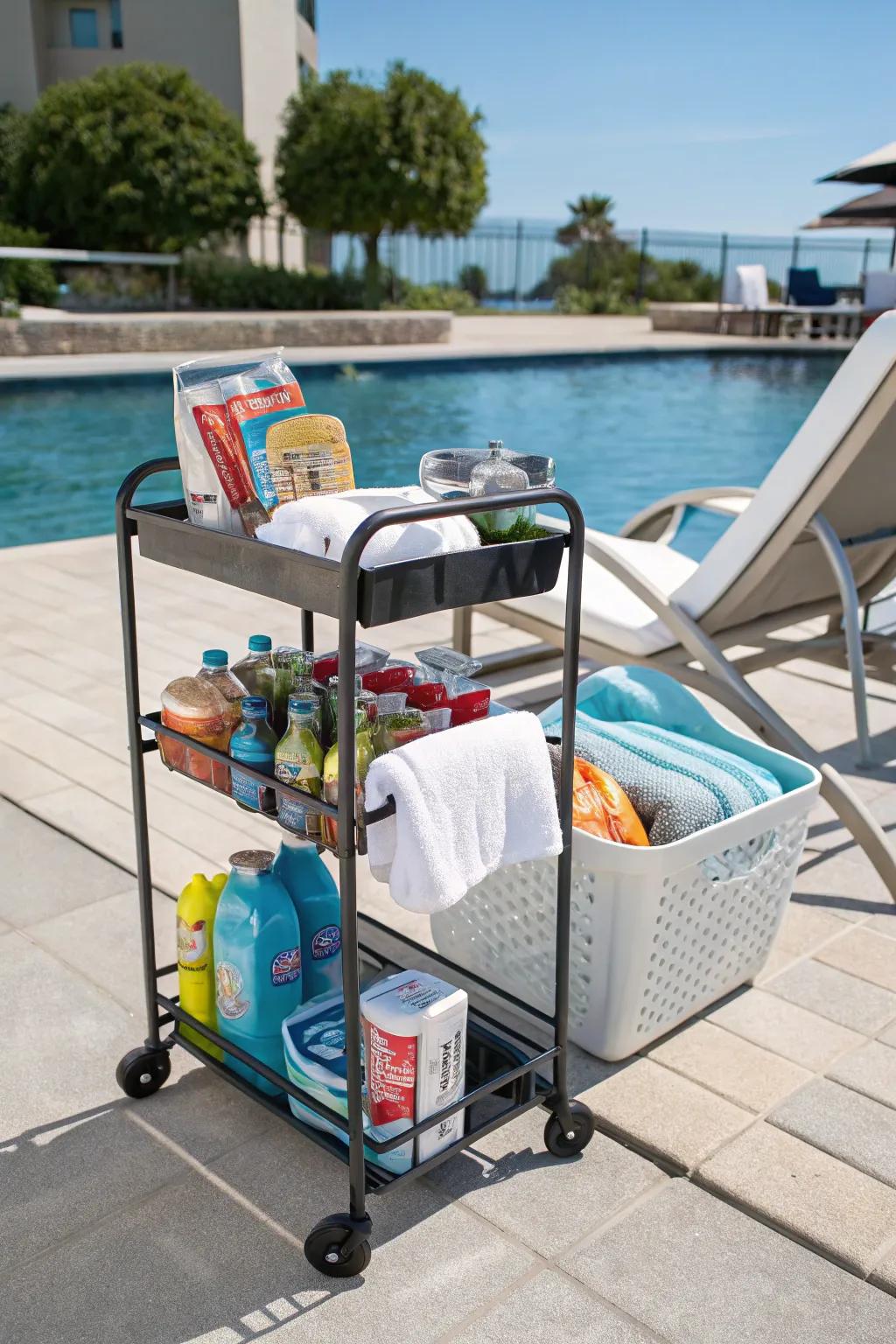 A portable cart for convenient poolside access.