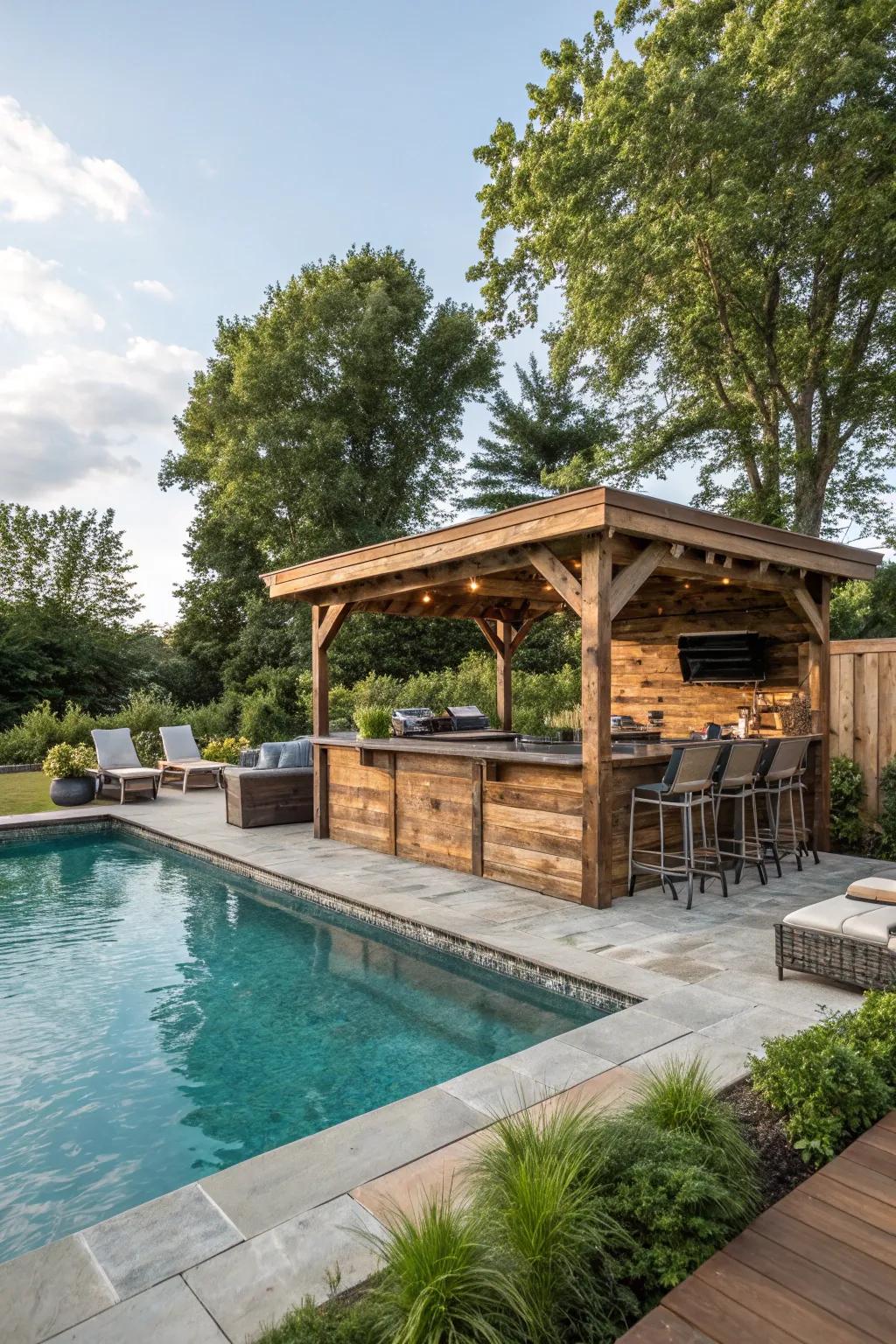 Eco-friendly materials create a swim-up bar that's both stylish and sustainable.