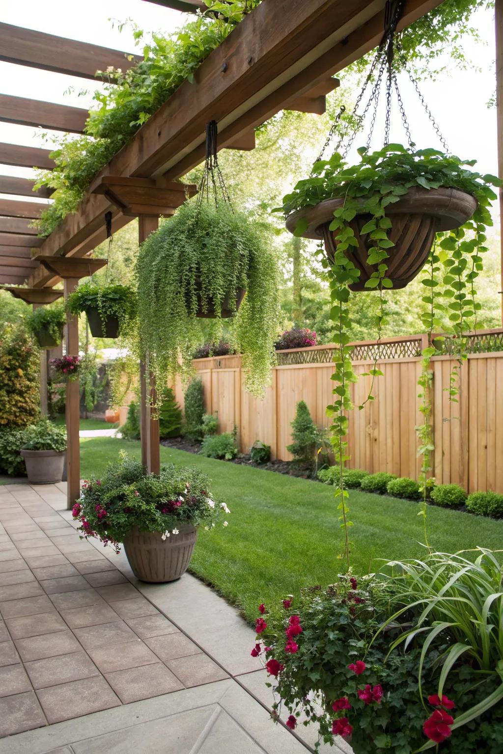 Hanging planters create a vertical curtain of natural privacy.