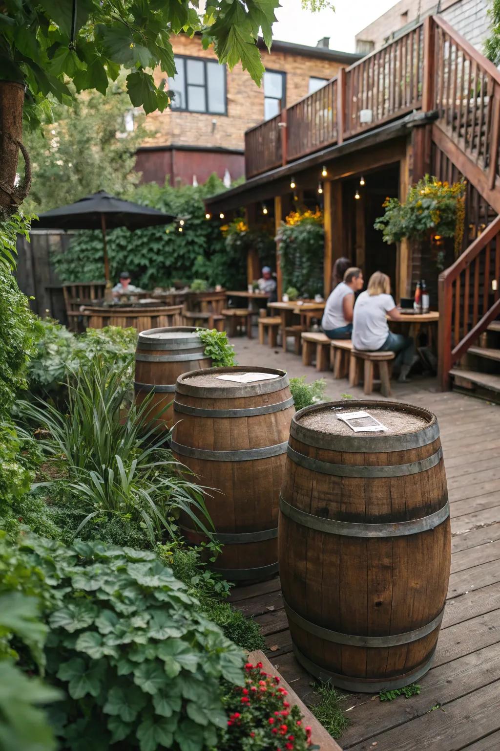 Barrel tables add a rustic and unique touch to your pub.
