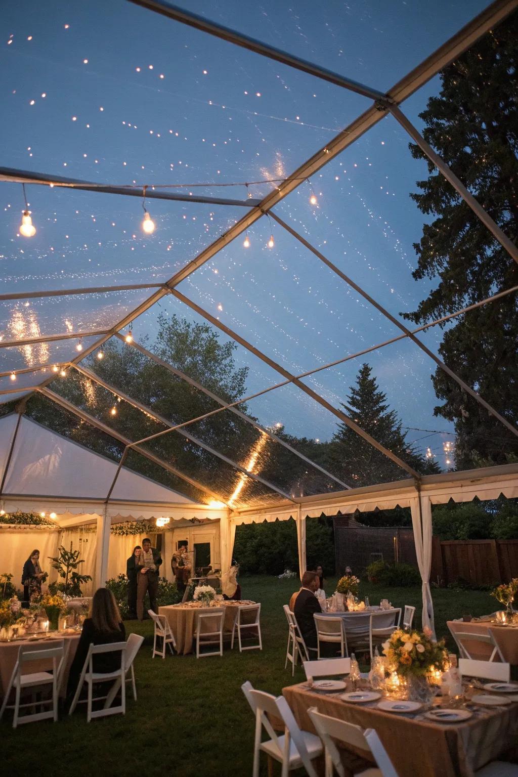 A tent with a transparent roof allows for stargazing while offering shelter.
