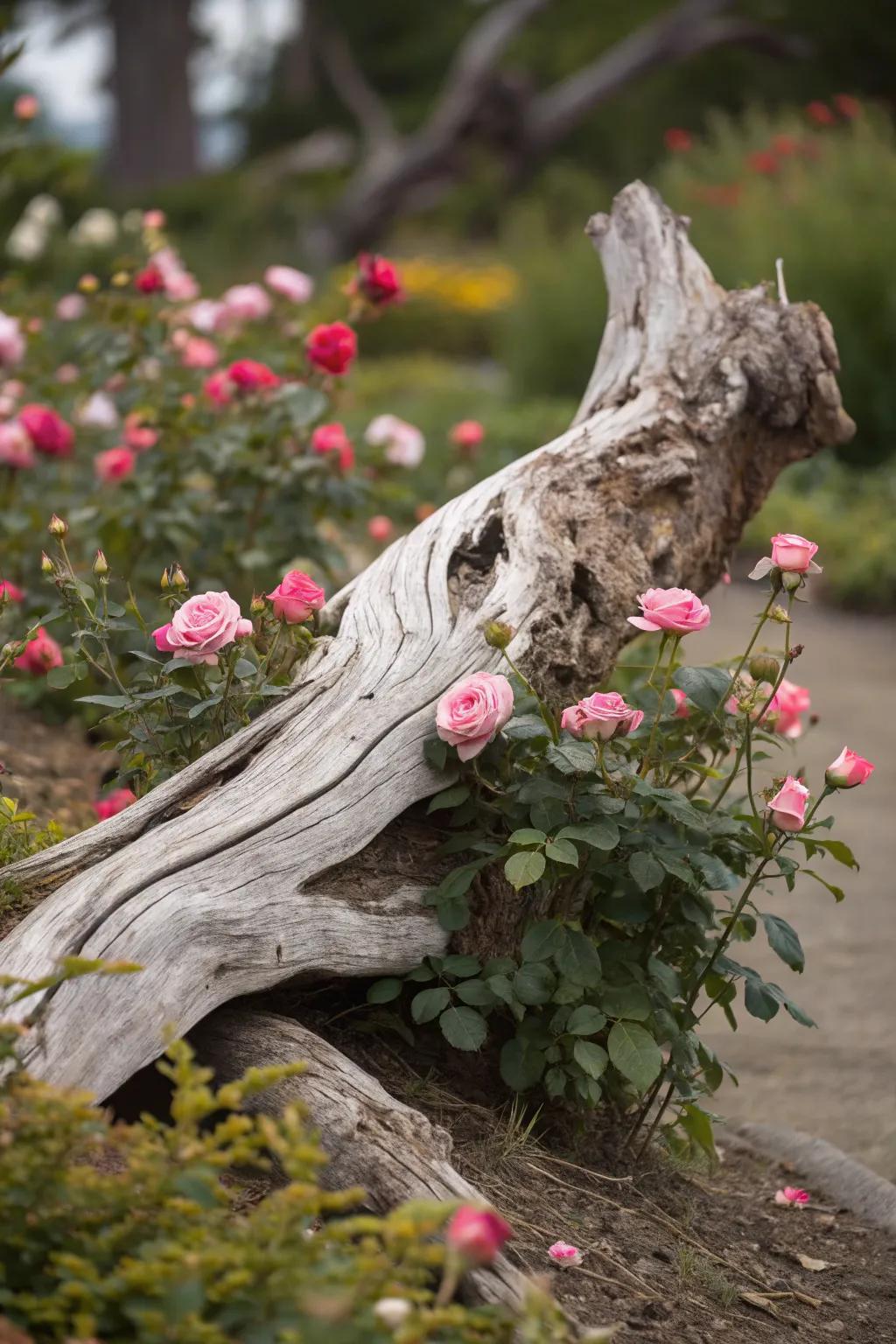 Driftwood sculptures add natural artistry to rose gardens.