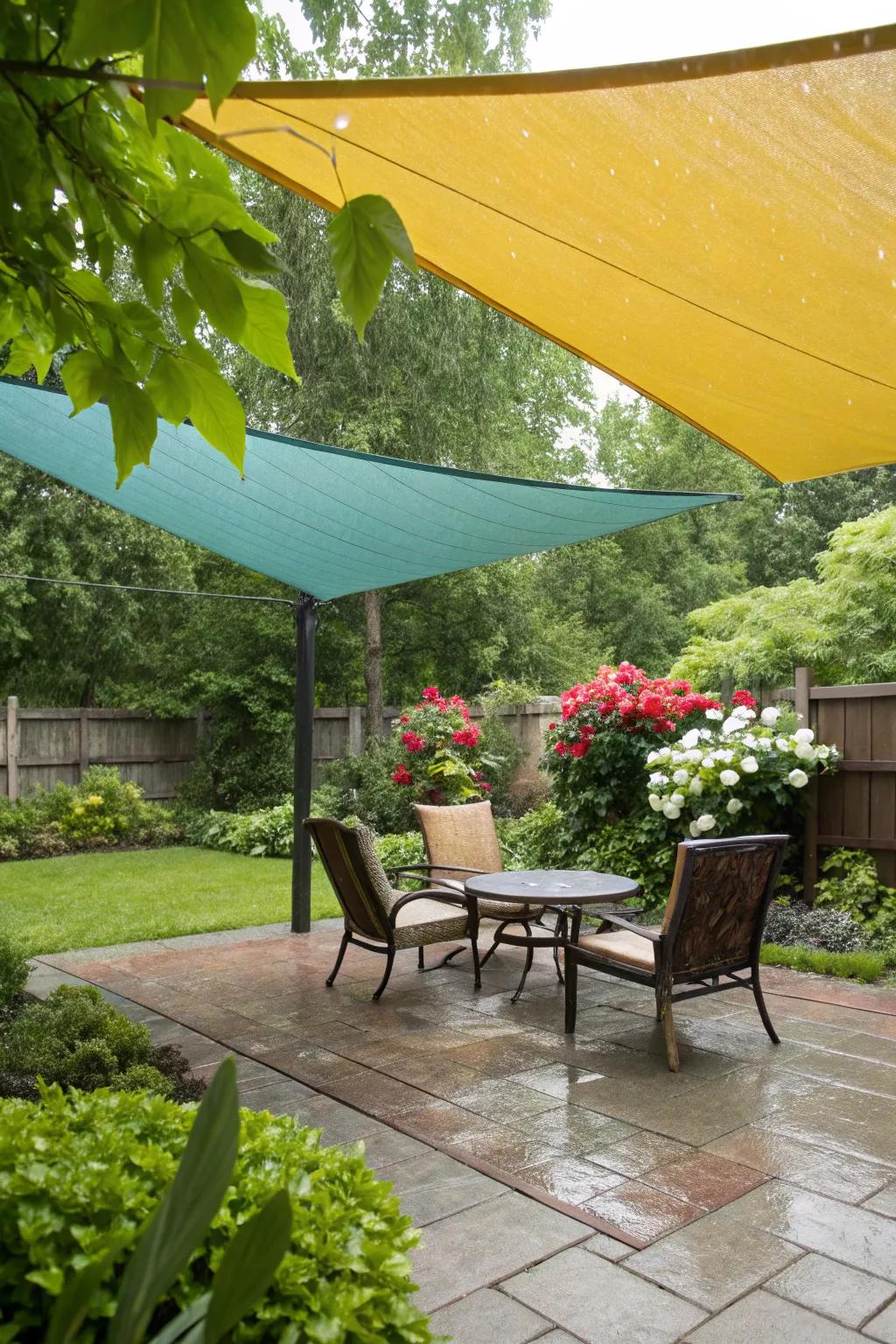 Waterproof sail shades offering all-weather protection for a backyard area.