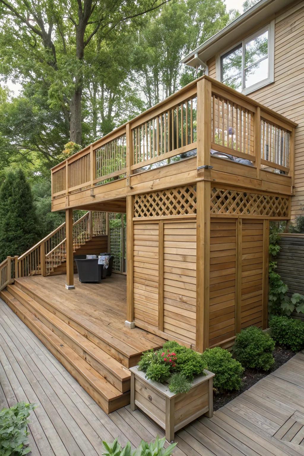 Privacy screens create a secluded, cozy deck area.