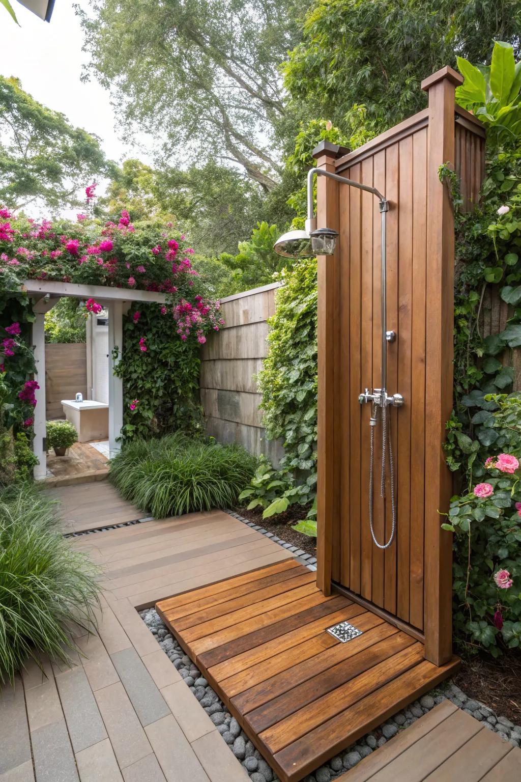 An outdoor shower offers luxury and practicality.