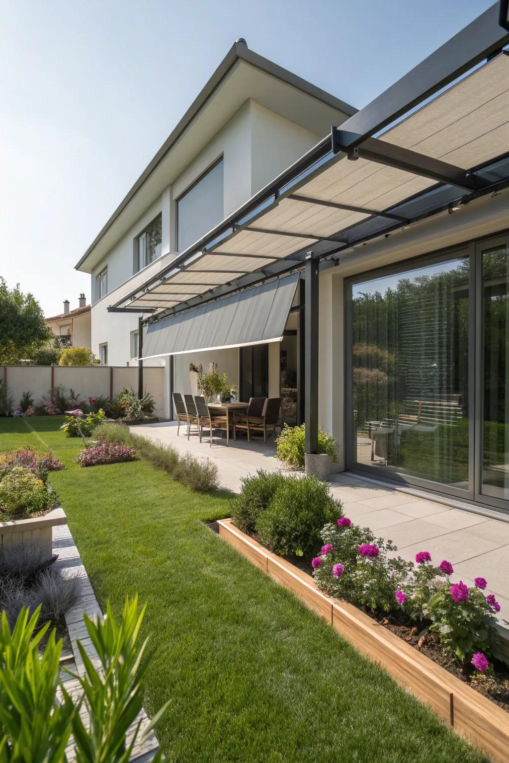 Solar-powered shades offer protection and energy efficiency.
