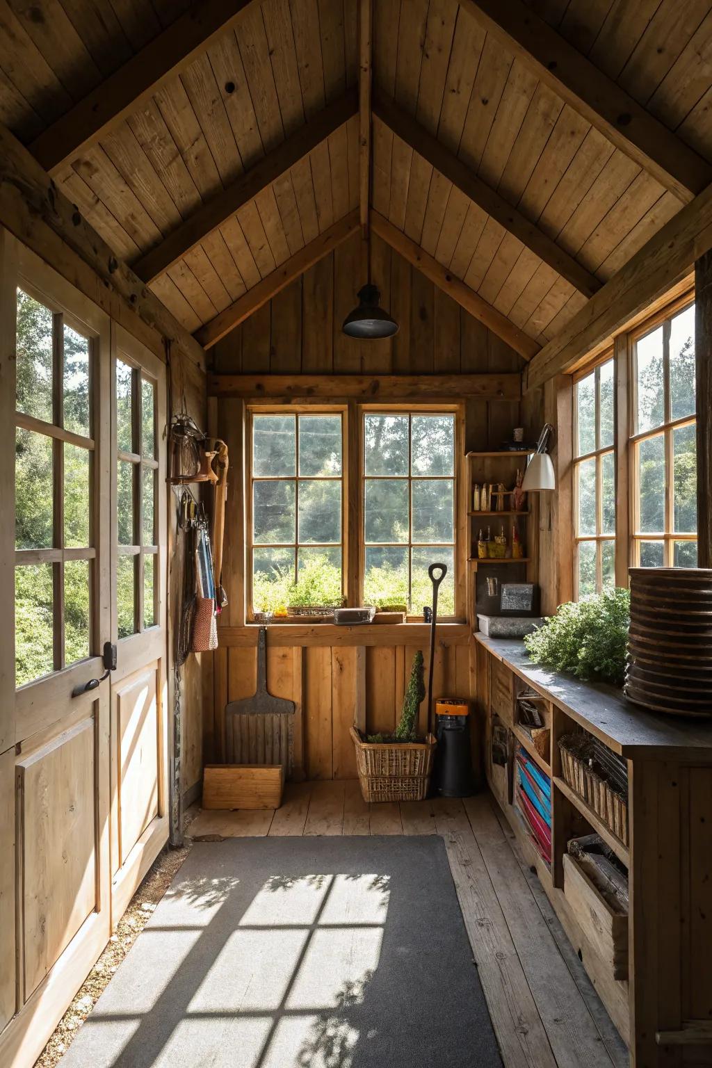 A well-lit shed with plenty of windows for natural light.