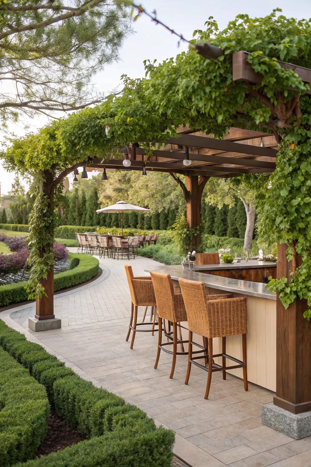 A pergola with an outdoor bar is perfect for entertaining.