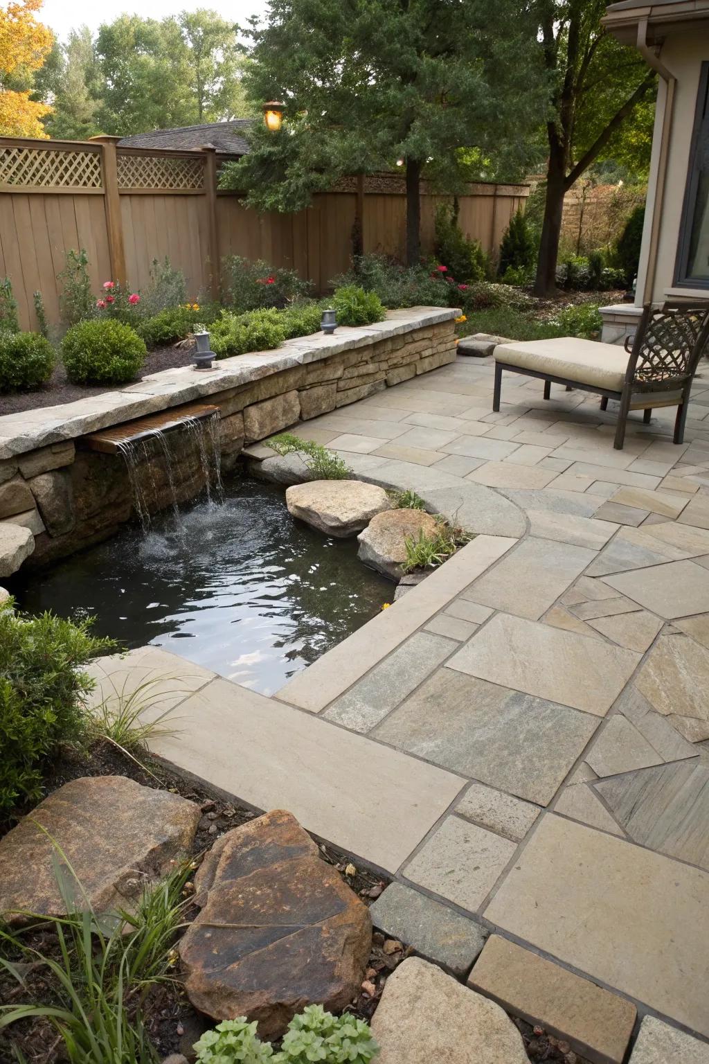 Water features enhance the tranquility of slab patios.