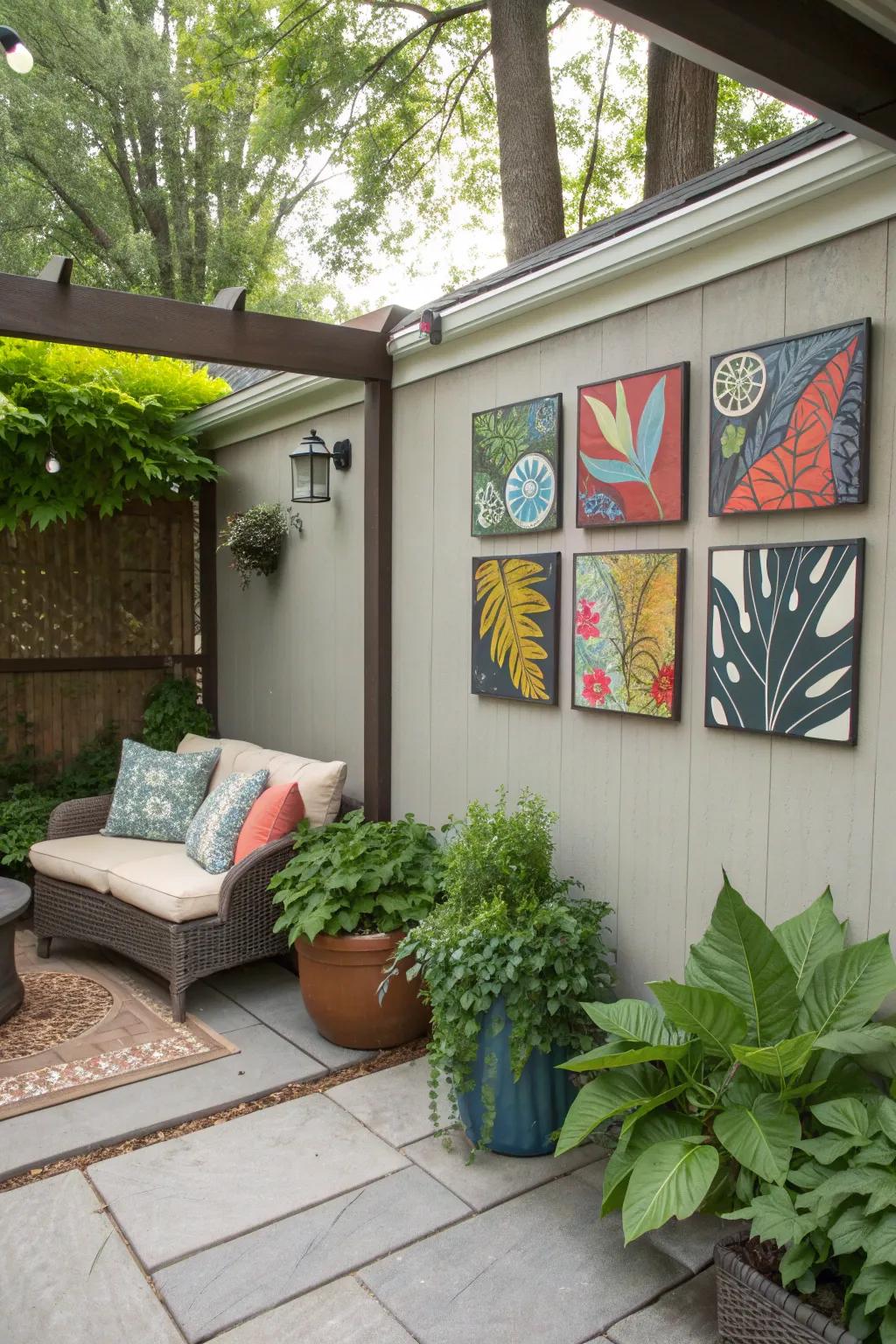 Add personality to your patio with weather-resistant outdoor art.