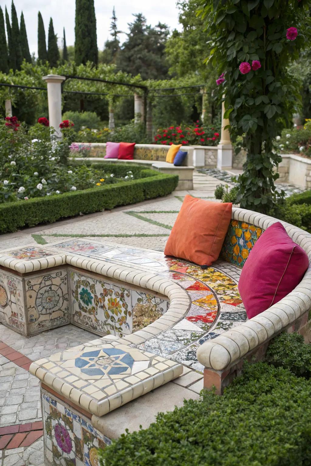 Mosaic tiles add color and pattern to garden seating areas.