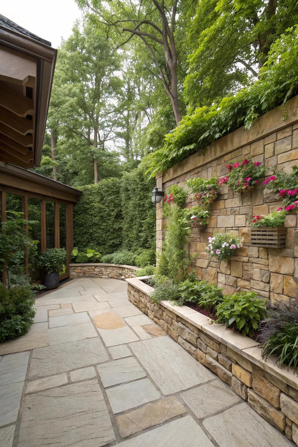 A vertical garden wall adds vibrant color and texture to the patio.