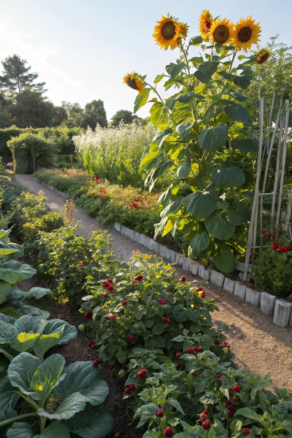 Sunflowers overseeing a bountiful edible garden.