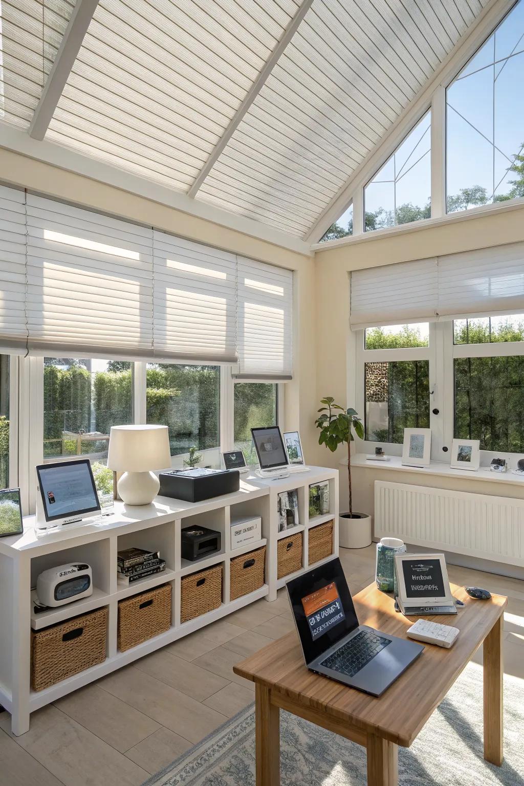 A modern sunroom enhanced with smart technology.