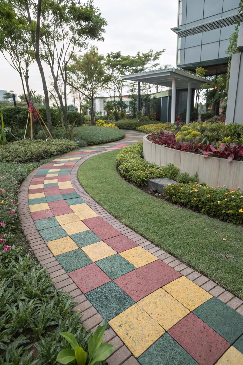 Recycled rubber paths offer an eco-friendly and modern solution.