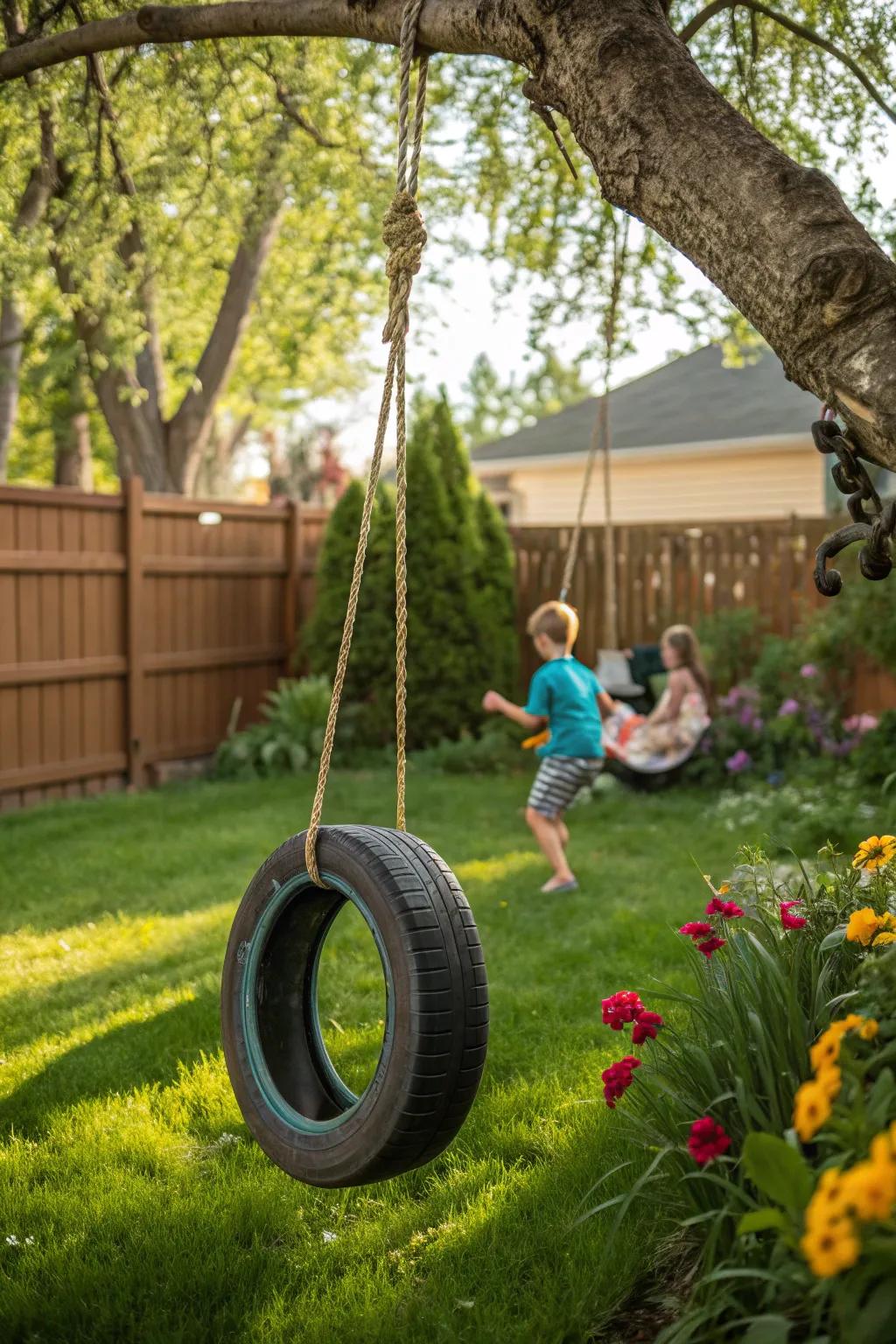 A recycled tire swing adding nostalgic charm to the garden.